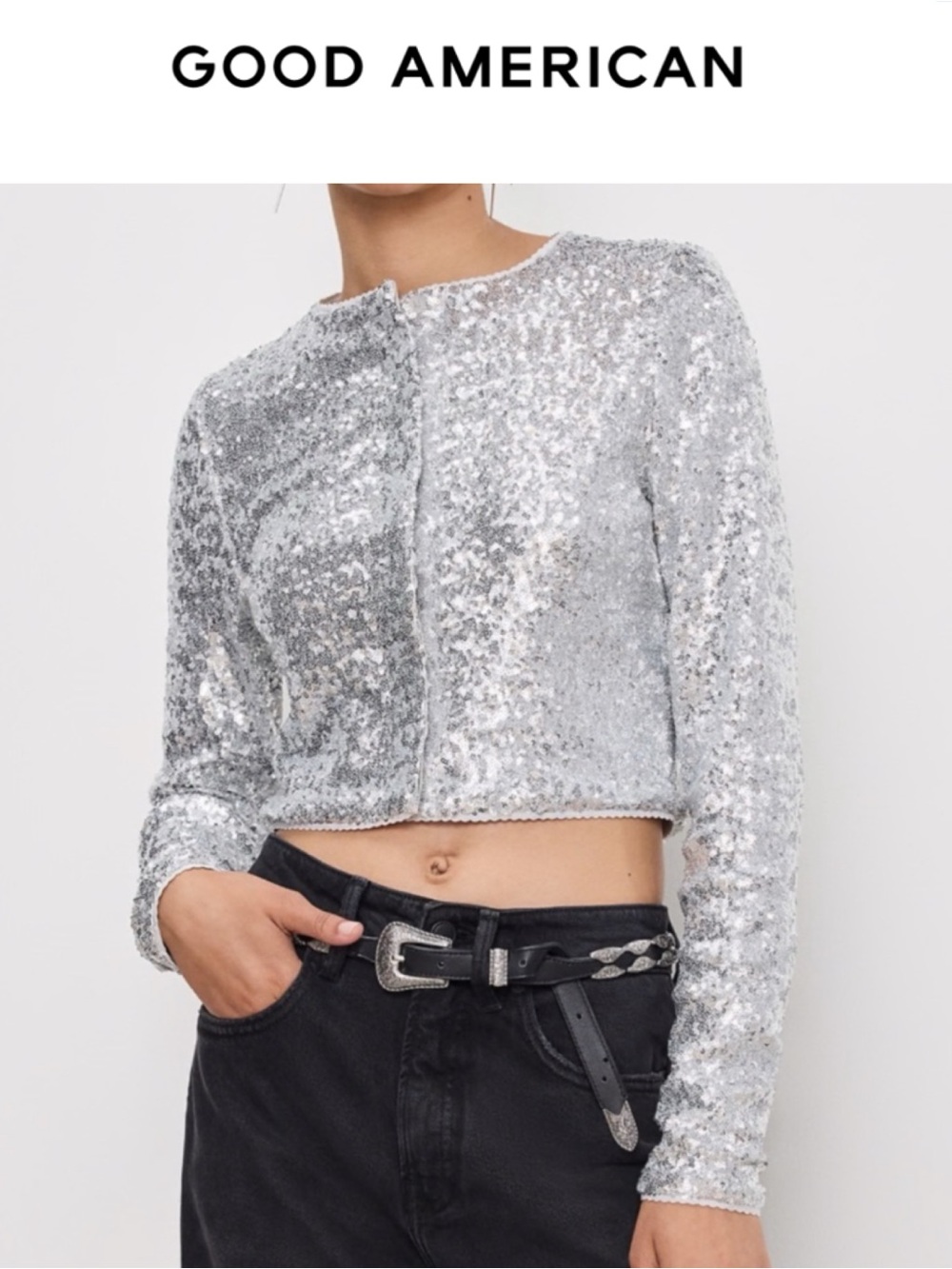 GOOD AMERICAN METALLIC SILVER SEQUIN  CROPPED CARDIGAN JACKET SIZE M *NWT*